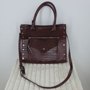 Madison West Brown Croc-Embossed Satchel with Stud Accents